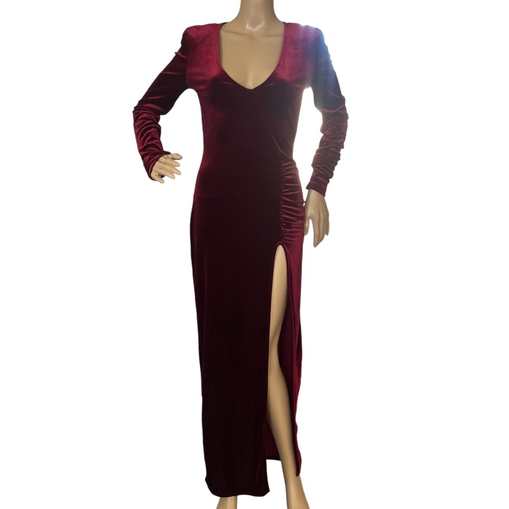 Fashion Nova Thigh-high Side Split Maxi Dress Velvet Deep V Neck Slim Fit